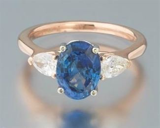 Ladies Gold, Natural 3.05 ct Blue Sapphire and Diamond Ring 