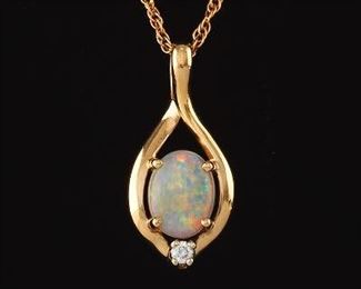 Ladies Gold, Opal and Diamond Pendant on Chain 