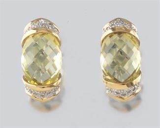 Ladies Gold, Peridot and Diamond Pair of Earrings 