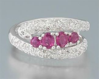Ladies Gold, Ruby and Diamond Bypass Ring 