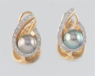 Ladies Gold, Tahitian Pearl and Diamond Pair of Scroll Earrings 