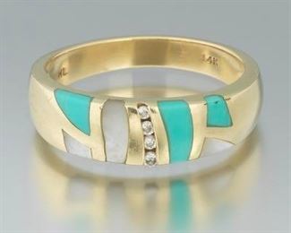 Ladies Gold, Turquoise, Mother of Pearl and Diamond Ring 
