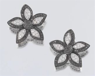 Ladies Gold, White and Black Diamond Floral Pair of Ear Clips 