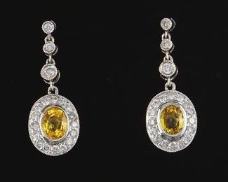 Ladies Gold, Yellow Beryl and Diamond Pair of Dangle Earrings 