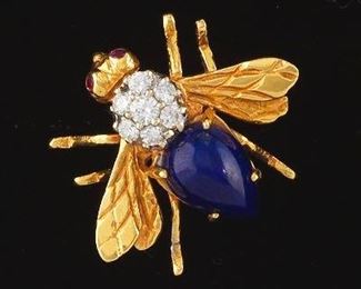 Ladies Herbert Rosenthal Vintage Gold, Diamond, Lapis Lazuli and Ruby Bee Brooch 