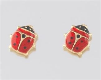 Ladies Italian Gold and Guilloche Enamel Pair of Lady Bug Studs 