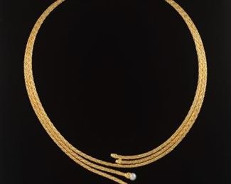Ladies Italian Gold and Pearl Bypass Necklace 