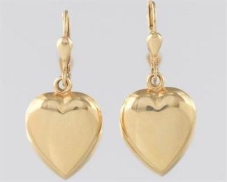 Ladies Italian Gold Pair of Heart Earrings 
