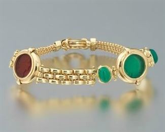 Ladies Italian Gold, Carved Carnelian and Green Onyx Caesar Asymmetrical Bracelet 