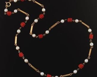 Ladies Italian Retro Gold, Coral and Pearl Necklace 