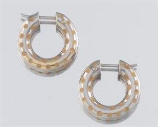Ladies Italian TwoTone Gold Pair of Hoop Earrings 