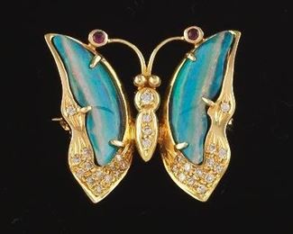 Ladies Opal Doublet, Diamond and Gold Butterfly Brooch 