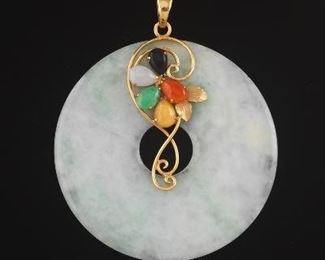 Ladies Oversize Gold, Jade and Color Jade Pendant 
