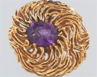 Ladies Oversize Gold and Amethyst Pin Brooch 