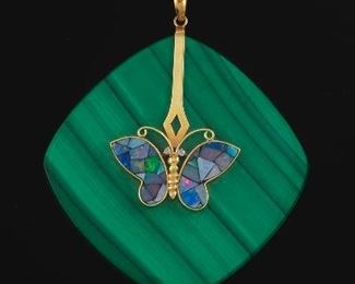 Ladies Oversized Artisan Gold, Malachite and Opal Mosaic Butterfly Pendant 