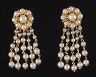 Ladies Pair of Gold and Pearl Rosette Fringe Ear Clips 