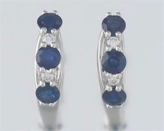 Ladies Pair of Gold, Blue Sapphire and Diamond Hoops 