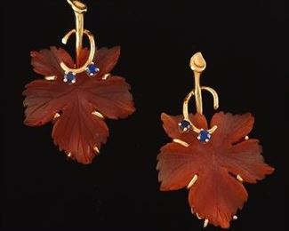 Ladies Pair of Gold, Carved Carnelian and Blue Sapphire Maple Leaf Ear Clips