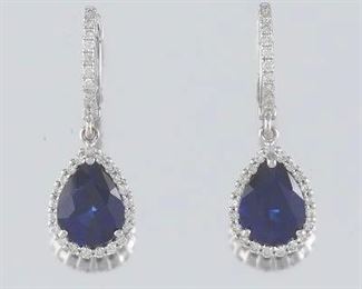 Ladies Pair of Gold, Blue Sapphire and Diamond Dangle Earrings 