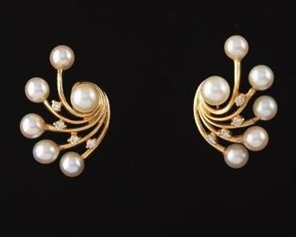 Ladies Pair of Gold, Pearl and Diamond Scroll Spray Earrings 