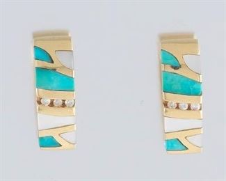 Ladies Pair of Gold, Turquoise, Mother of Pearl and Diamond Scroll Earrings 