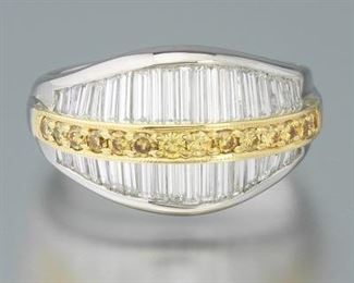 Ladies Platinum, Gold, White and Yellow Diamond Dome Ring 