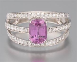 Ladies Platinum, Pink Sapphire and Diamond Ring, IAS Report 