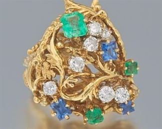 Ladies Retro Diamond, Sapphire and Emerald Cluster Cocktail Ring 