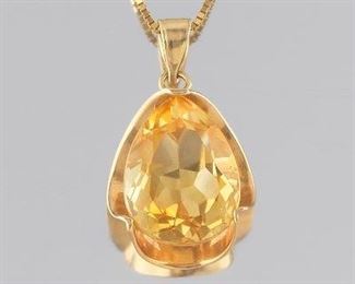 Ladies Retro Gold and Amber Citrine Pendant on Chain 