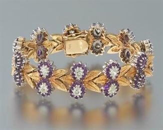 Ladies Retro Gold, Diamond and Amethyst Bracelet 