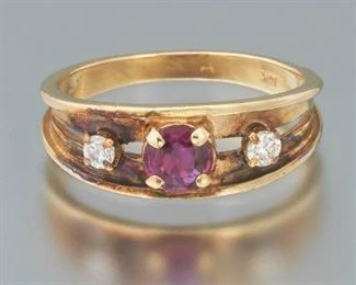 Ladies Retro Gold, Natural Ruby and Diamond Band 