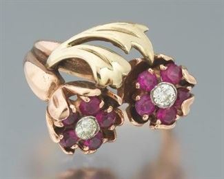Ladies Retro Gold, Ruby and Diamond Floral Ring 