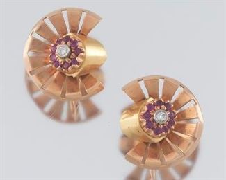 Ladies Retro Gold, Ruby and Diamond Pair of Radiant Design Earrings 