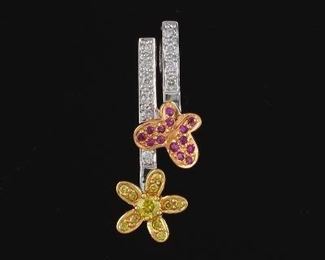 Ladies TriColor Gold, White and Yellow Diamond and Ruby Pendant 