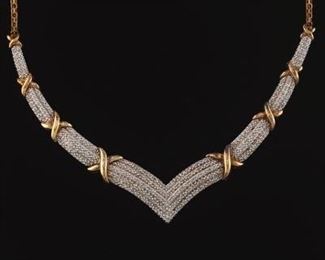 Ladies Vermeil Sterling Silver and Diamond V Necklace 