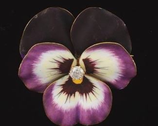 Ladies Victorian Gold, Diamond and Enamel Blooming Pansy Brooch 