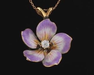 Ladies Victorian Gold, Diamond and Enamel Floral Pendant on Chain 