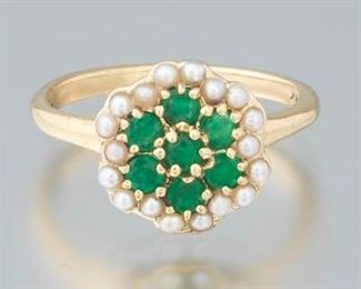 Ladies Victorian Gold, Emerald and Seed Pearl Floral Ring 