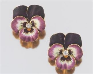 Ladies Victorian Gold, Diamond and Enamel Pair of Pansy Earrings