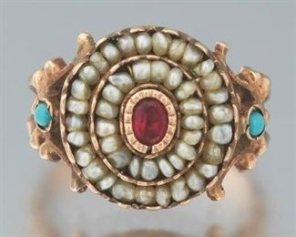 Ladies Victorian Gold, Seed Pearl, Ruby and Turquoise Ring 