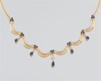 Ladies Victorian Style Gold, Blue Sapphire and Diamond Necklace 