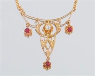 Ladies Victorian Style Gold, Diamond and Ruby Necklace 