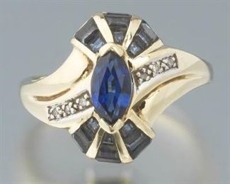 Ladies Vintage Gold, Blue Sapphire and Diamond Bypass Ring 