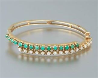 Ladies Vintage Gold, Pearl and Turquoise Bangle 