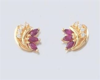Ladies Vintage Gold, Ruby and Diamond Pair of Earrings 
