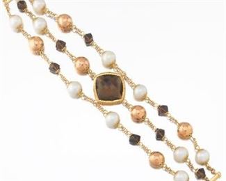 Ladies Vintage Italian TwoTone Gold, Smoky Quartz and Pearl Bracelet