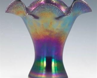 Loetz Style Art Glass Vase with Peacock Iridescence