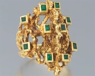MidCentury Organic Freeform Gold and Emerald Ring 