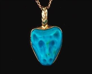 Native American Gold and Carved Turquoise Wolf Lupus Head Pendant on Chain 
