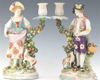 Pair of Antique Chelsea Porcelain Figurines of Shepherd and Shepherdess Candleholders, ca. 19th Century 